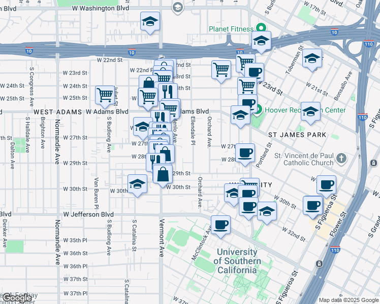 map of restaurants, bars, coffee shops, grocery stores, and more near 2676 Ellendale Place in Los Angeles