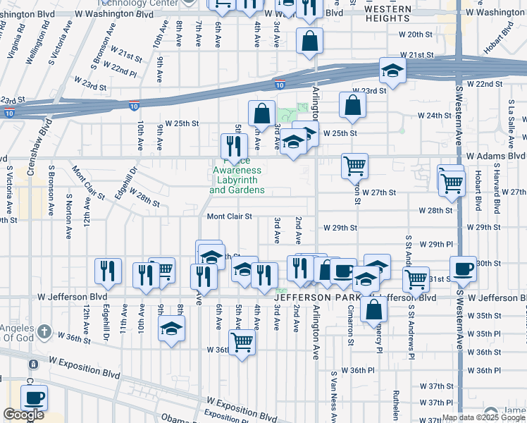 map of restaurants, bars, coffee shops, grocery stores, and more near 3402 West 27th Street in Los Angeles
