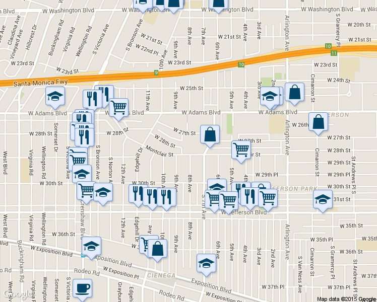 map of restaurants, bars, coffee shops, grocery stores, and more near 3800 West 27th Street in Los Angeles