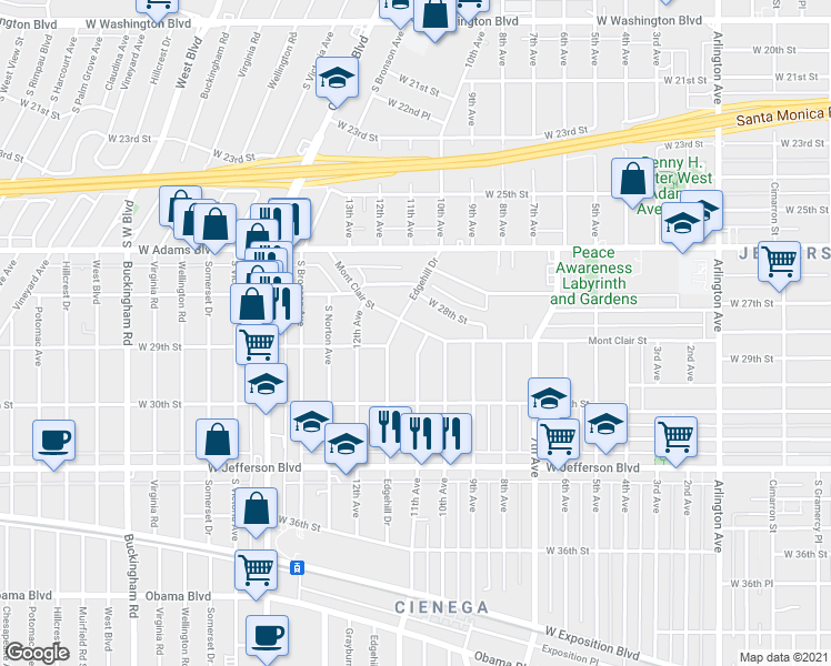 map of restaurants, bars, coffee shops, grocery stores, and more near 3926 West 28th Street in Los Angeles