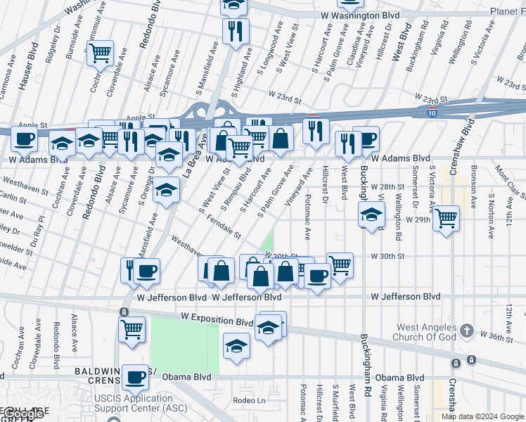 map of restaurants, bars, coffee shops, grocery stores, and more near 2676 South Harcourt Avenue in Los Angeles