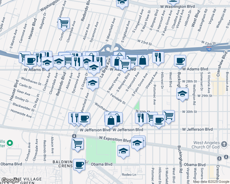 map of restaurants, bars, coffee shops, grocery stores, and more near 2738 South West View Street in Los Angeles