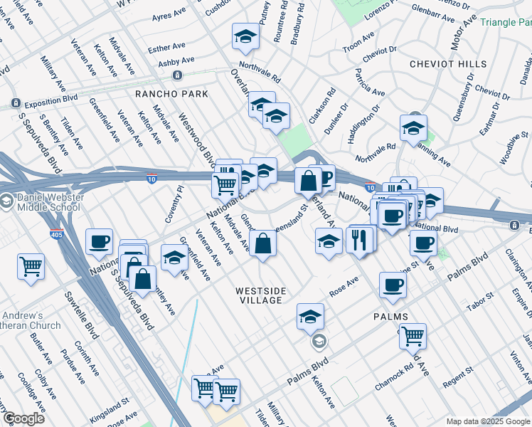 map of restaurants, bars, coffee shops, grocery stores, and more near 10777 National Place in Los Angeles
