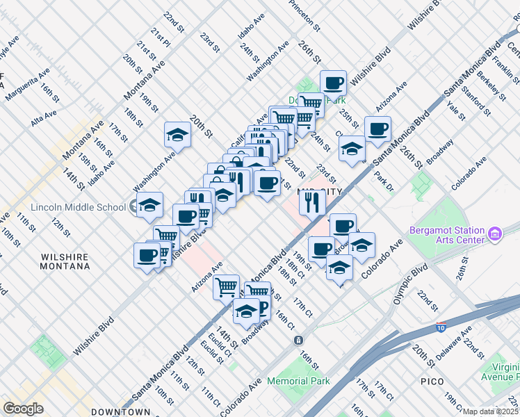 map of restaurants, bars, coffee shops, grocery stores, and more near 1209 19th Street in Santa Monica
