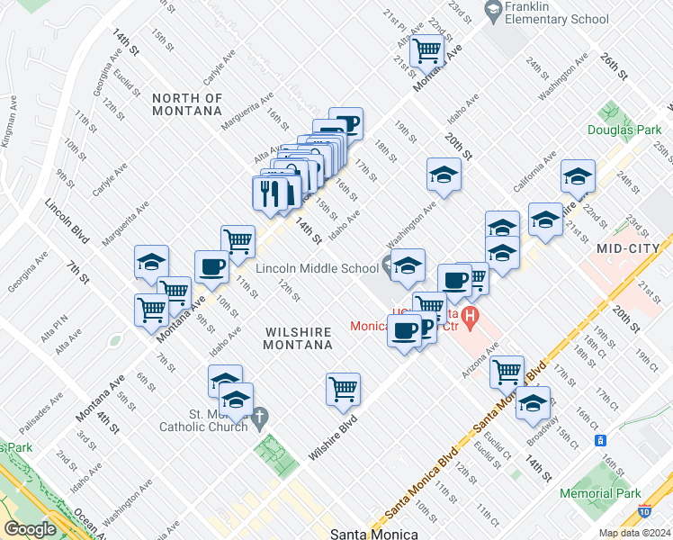 map of restaurants, bars, coffee shops, grocery stores, and more near 925 14th Street in Santa Monica