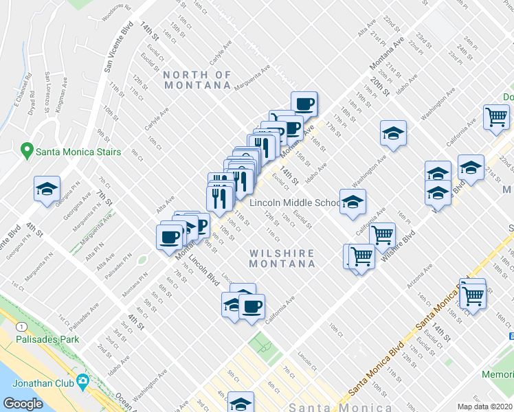 map of restaurants, bars, coffee shops, grocery stores, and more near 1134 Montana Avenue in Santa Monica