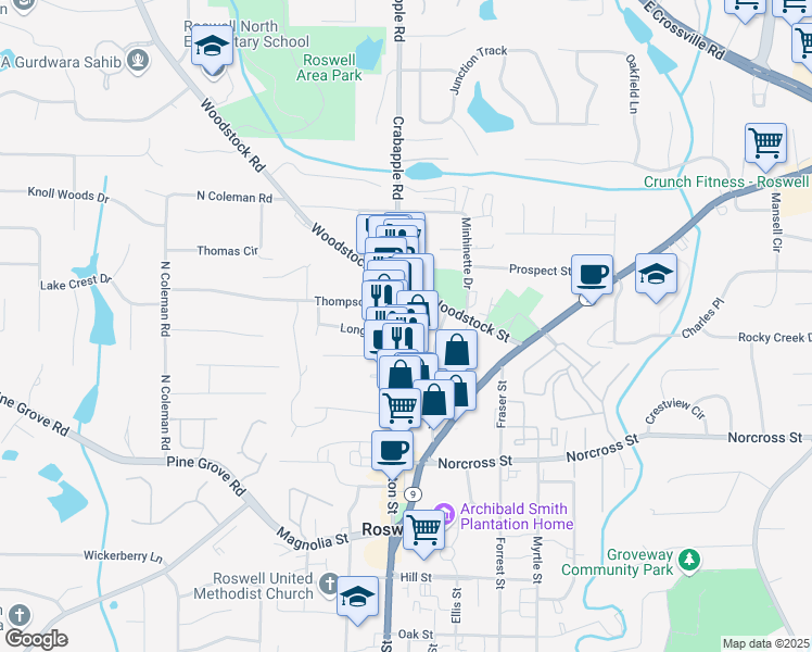 map of restaurants, bars, coffee shops, grocery stores, and more near 1170 Canton Street in Roswell