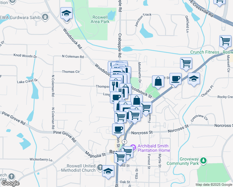 map of restaurants, bars, coffee shops, grocery stores, and more near 1144 Canton Street in Roswell