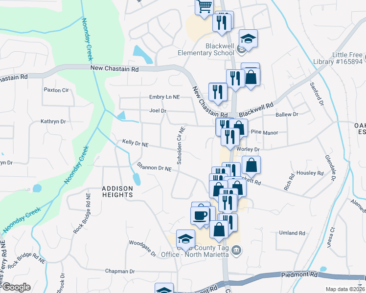 map of restaurants, bars, coffee shops, grocery stores, and more near 642 Suholden Circle Northeast in Marietta
