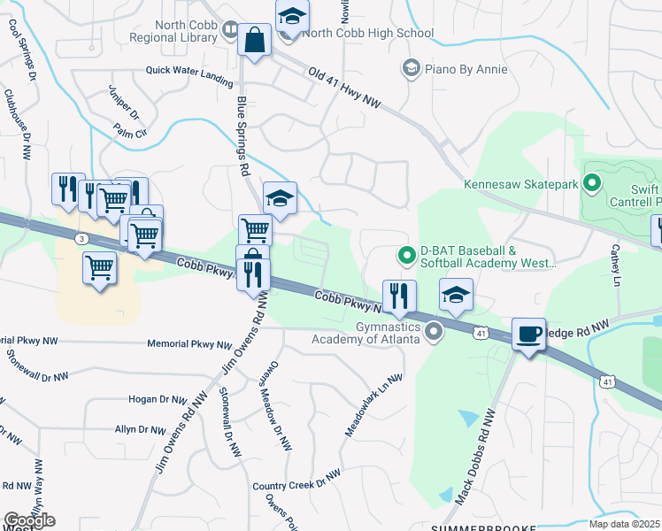 map of restaurants, bars, coffee shops, grocery stores, and more near 3202 Blue Springs Trace in Kennesaw