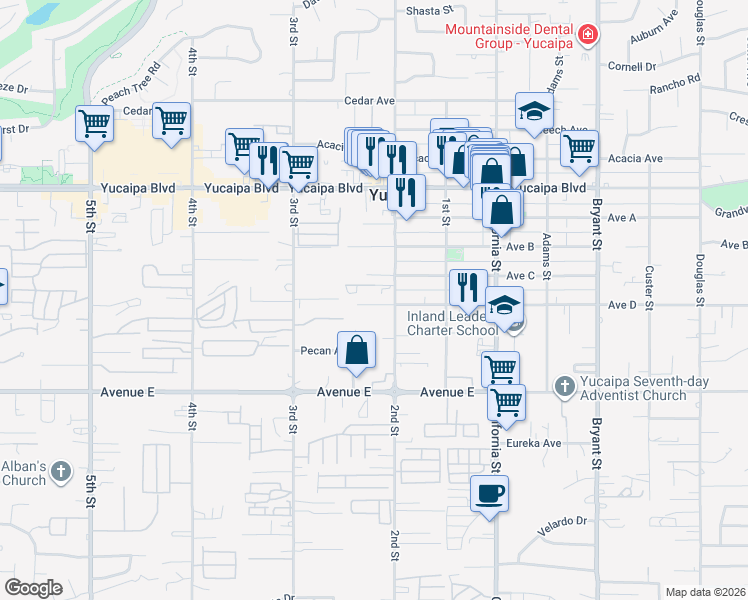 map of restaurants, bars, coffee shops, grocery stores, and more near 34862 Avenue D in Yucaipa