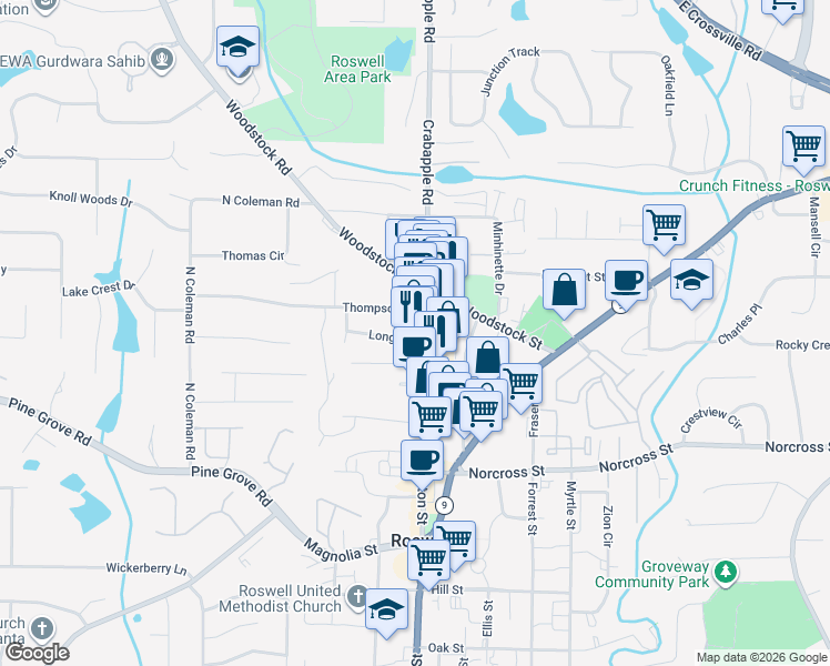 map of restaurants, bars, coffee shops, grocery stores, and more near 1144 Canton Street in Roswell