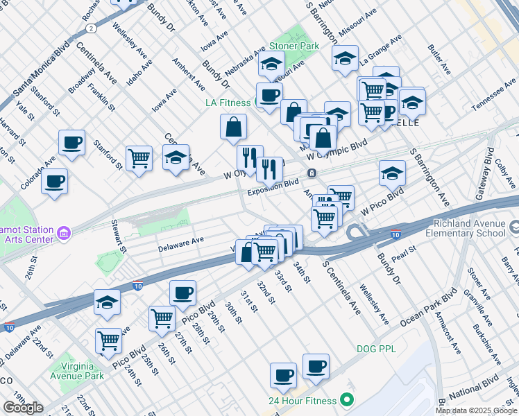 map of restaurants, bars, coffee shops, grocery stores, and more near 2270 South Centinela Avenue in Los Angeles