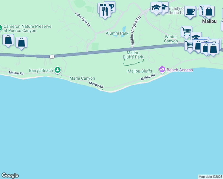 map of restaurants, bars, coffee shops, grocery stores, and more near 24380 Malibu Road in Malibu