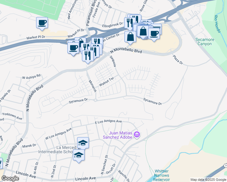 map of restaurants, bars, coffee shops, grocery stores, and more near Canterbury Way in Montebello
