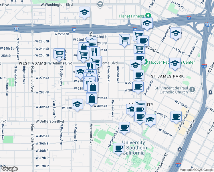 map of restaurants, bars, coffee shops, grocery stores, and more near 2676 Ellendale Place in Los Angeles