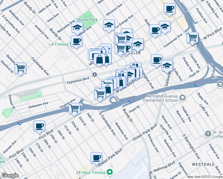 map of restaurants, bars, coffee shops, grocery stores, and more near 11917 Tennessee Place in Los Angeles