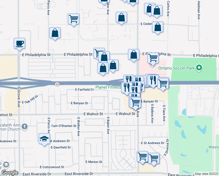 map of restaurants, bars, coffee shops, grocery stores, and more near 1707 East Fairfield Court in Ontario