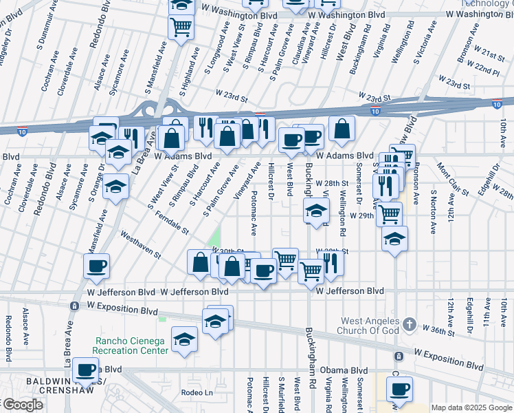 map of restaurants, bars, coffee shops, grocery stores, and more near 2840 Potomac Avenue in Los Angeles