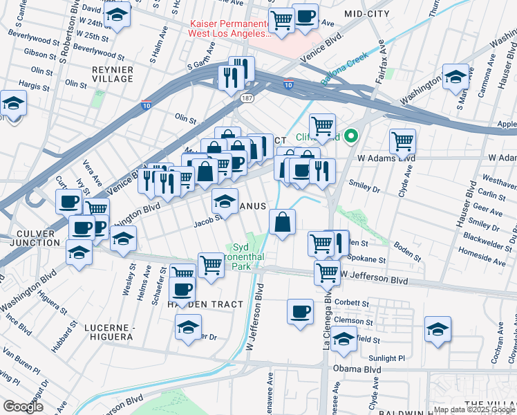 map of restaurants, bars, coffee shops, grocery stores, and more near 3102 Reid Avenue in Culver City
