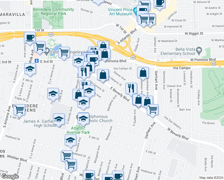 map of restaurants, bars, coffee shops, grocery stores, and more near 5332 East Beverly Boulevard in Los Angeles