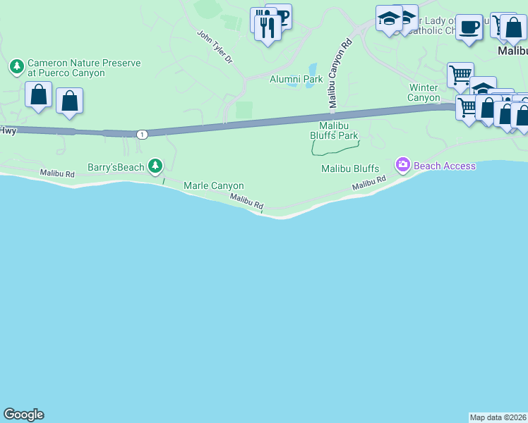 map of restaurants, bars, coffee shops, grocery stores, and more near 24434 Malibu Road in Malibu