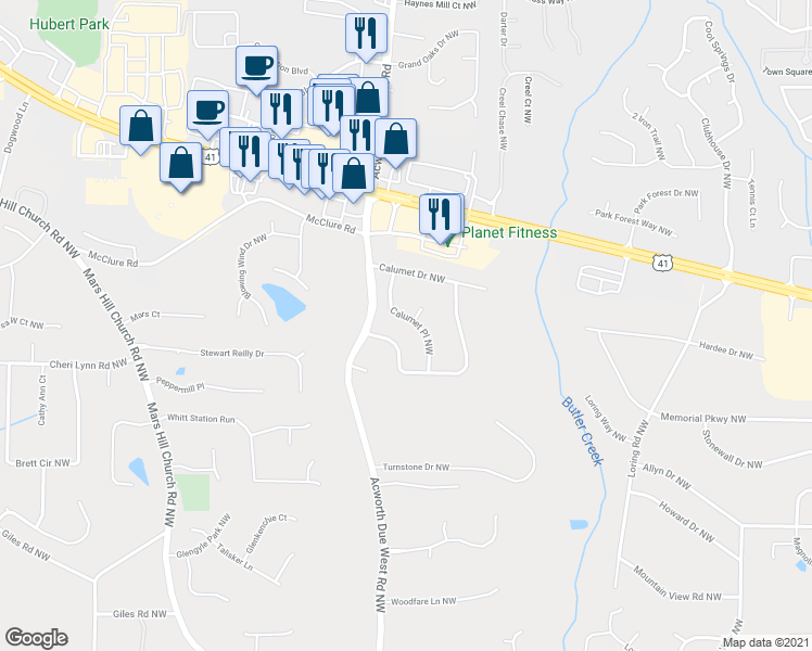 map of restaurants, bars, coffee shops, grocery stores, and more near 3135 Calumet Place Northwest in Kennesaw