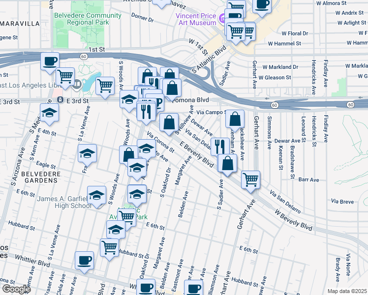 map of restaurants, bars, coffee shops, grocery stores, and more near 5319 East Beverly Boulevard in East Los Angeles