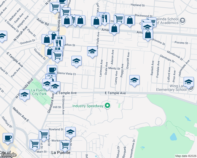 map of restaurants, bars, coffee shops, grocery stores, and more near 665 Larimore Avenue in La Puente