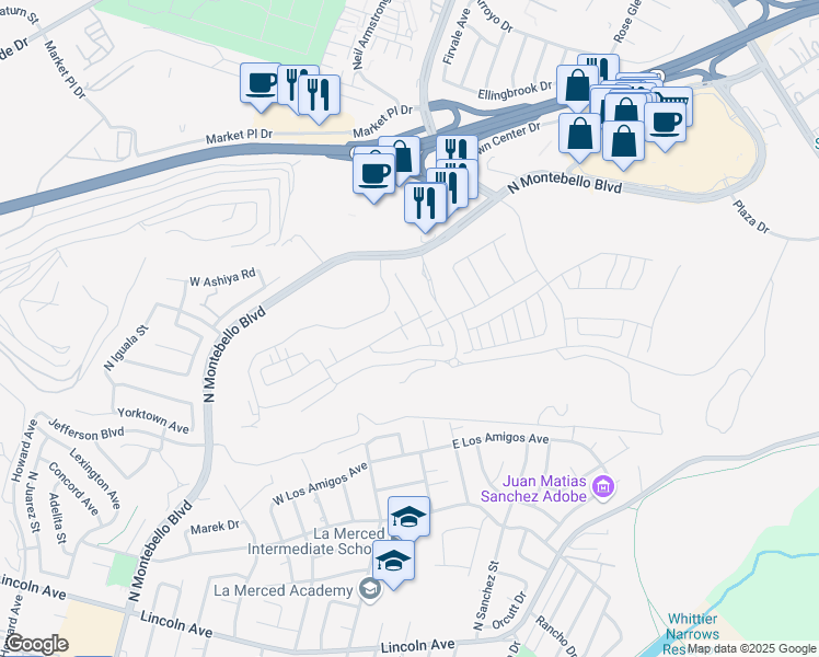 map of restaurants, bars, coffee shops, grocery stores, and more near 955 Poppy Court in Montebello