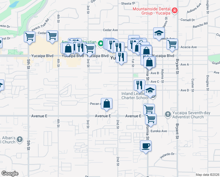 map of restaurants, bars, coffee shops, grocery stores, and more near 34850 Avenue D in Yucaipa
