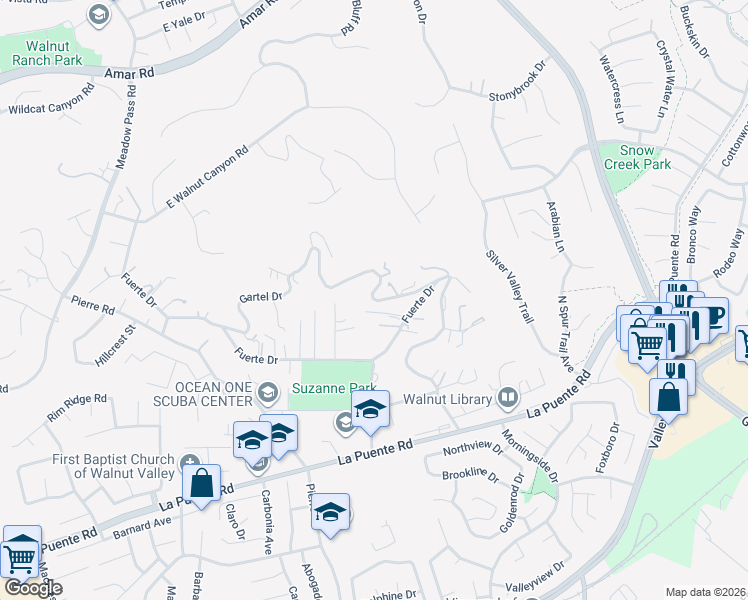 map of restaurants, bars, coffee shops, grocery stores, and more near Gartel Drive in Walnut