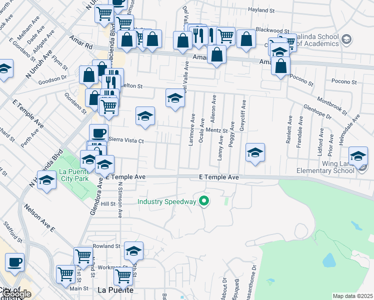 map of restaurants, bars, coffee shops, grocery stores, and more near 665 Larimore Avenue in La Puente