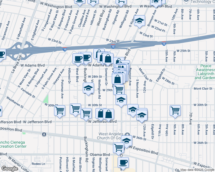 map of restaurants, bars, coffee shops, grocery stores, and more near 2819 South Victoria Avenue in Los Angeles