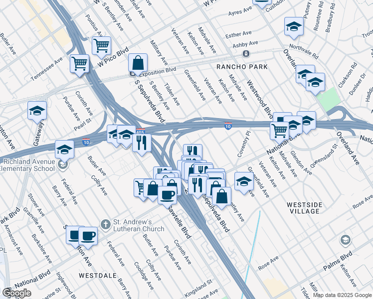 map of restaurants, bars, coffee shops, grocery stores, and more near 2755 South Bentley Avenue in Los Angeles