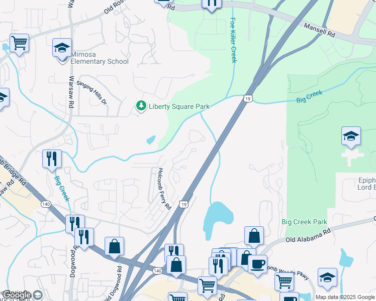 map of restaurants, bars, coffee shops, grocery stores, and more near 1300 Gran Crique Drive in Roswell