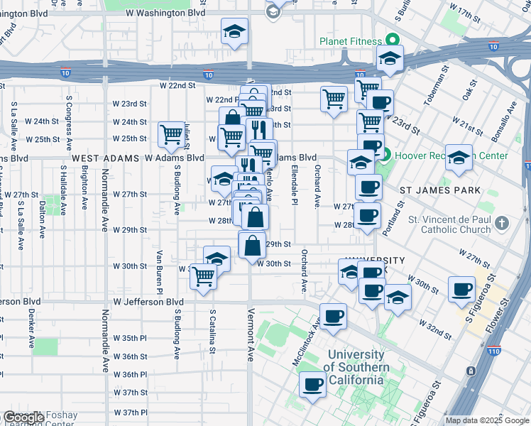 map of restaurants, bars, coffee shops, grocery stores, and more near 2713 Menlo Avenue in Los Angeles