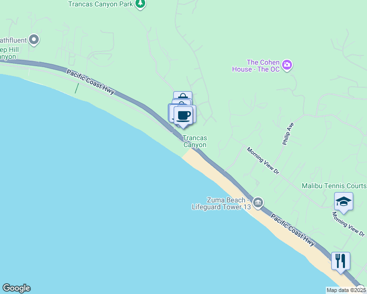 map of restaurants, bars, coffee shops, grocery stores, and more near 30718 Pacific Coast Highway in Malibu