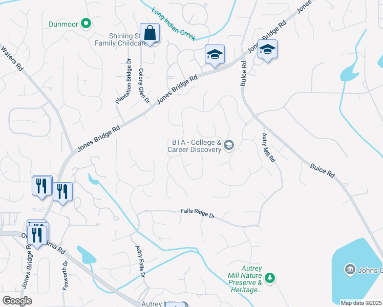 map of restaurants, bars, coffee shops, grocery stores, and more near 10725 Oxford Mill Circle in Alpharetta