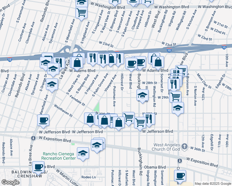 map of restaurants, bars, coffee shops, grocery stores, and more near 2840 Potomac Avenue in Los Angeles