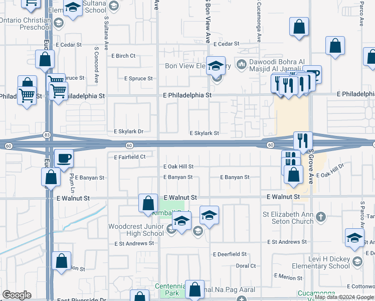 map of restaurants, bars, coffee shops, grocery stores, and more near 2408 South Taylor Place in Ontario