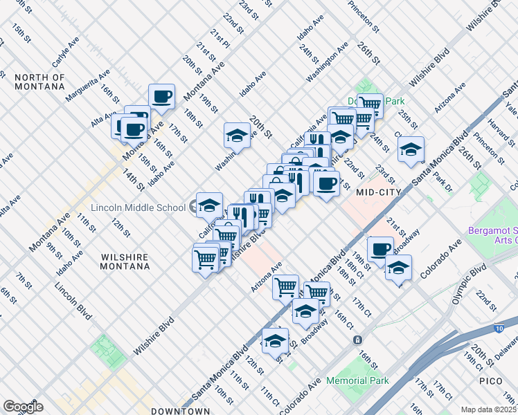 map of restaurants, bars, coffee shops, grocery stores, and more near 1131 17th Street in Santa Monica