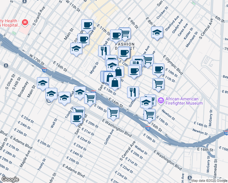 map of restaurants, bars, coffee shops, grocery stores, and more near 122 East 14th Place in Los Angeles