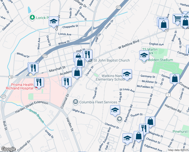 map of restaurants, bars, coffee shops, grocery stores, and more near 2700 Douglas Street in Columbia