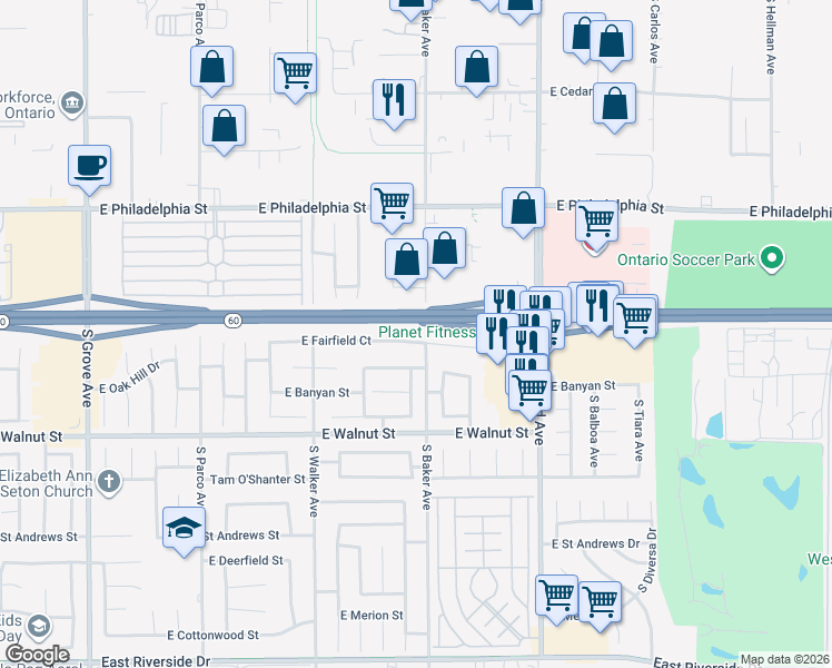 map of restaurants, bars, coffee shops, grocery stores, and more near 1707 East Fairfield Court in Ontario