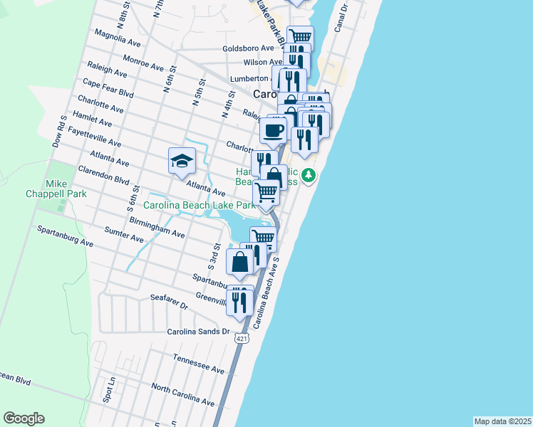 map of restaurants, bars, coffee shops, grocery stores, and more near 400 Lake Park Boulevard South in Carolina Beach