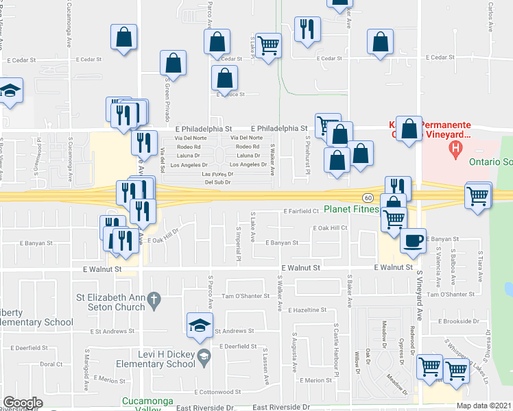 map of restaurants, bars, coffee shops, grocery stores, and more near 1473 East Fairfield Court in Ontario