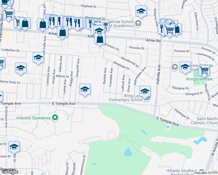 map of restaurants, bars, coffee shops, grocery stores, and more near 621 Frandale Avenue in La Puente