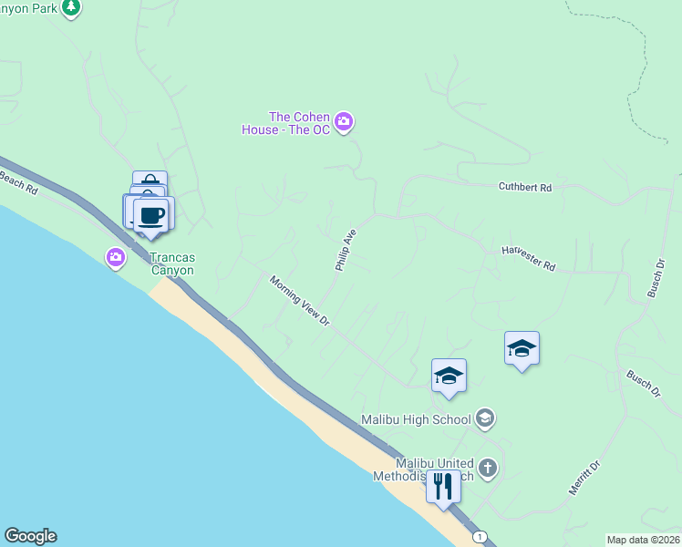 map of restaurants, bars, coffee shops, grocery stores, and more near 5953 Philip Avenue in Malibu