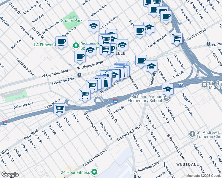 map of restaurants, bars, coffee shops, grocery stores, and more near 11900 West Pico Boulevard in Los Angeles